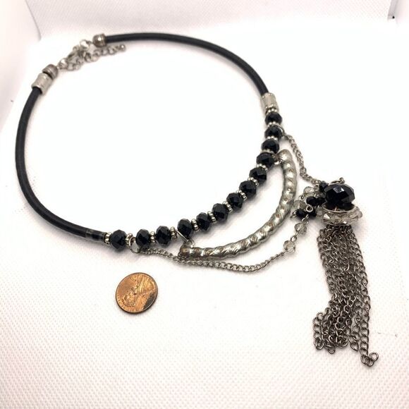 Leather Silver Collar Tassel Necklace - Picture 1 of 1